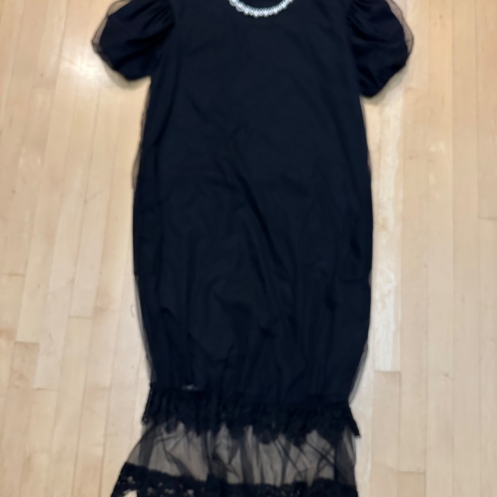 Simone Rocha Black tulle T- shirt maxi dress with pearl neck, L  PG1485 - Picture 2 of 6